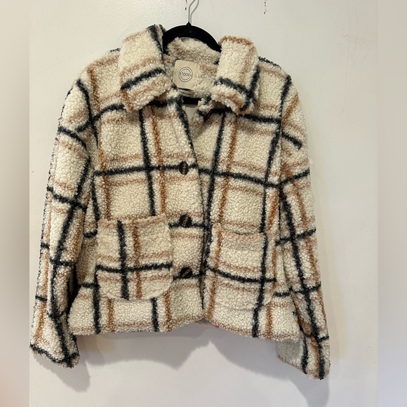 Stoosh Cream and Tan Plaid Teddy Jacket - Picture 1 of 4